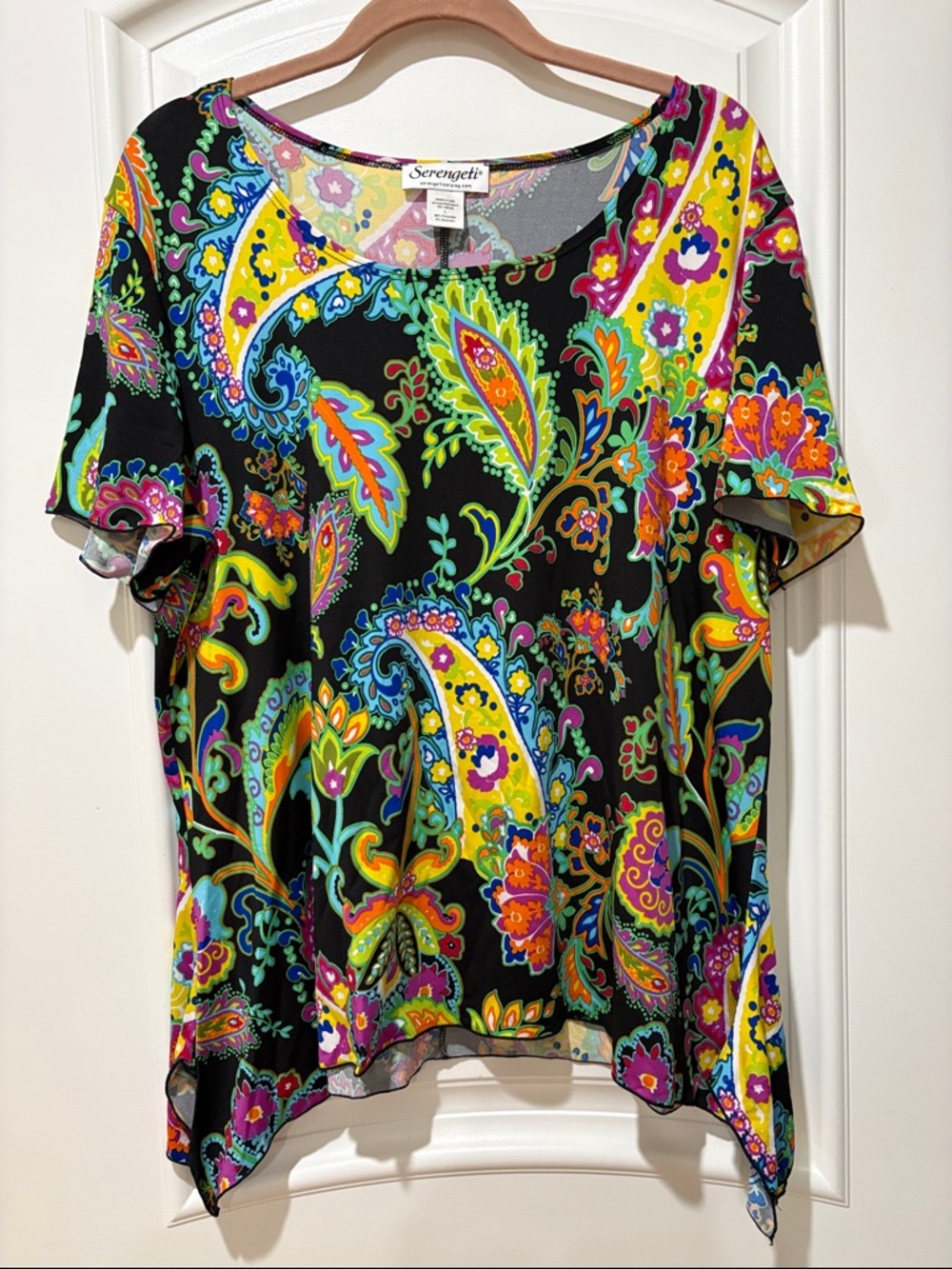 Serengeti Black Paisley Short Sleeve Scoop Neck Top - Yellow, Green, Pink, Blue